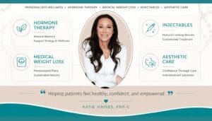 Katie Haines FNP-C of Pure Image Laser & Spa offering hormone therapy, medical weight loss, injectables, and aesthetic care services.