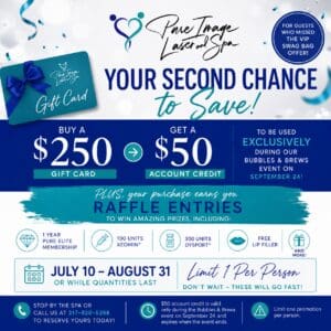 Bubbles & Brews annual gift card event at Pure Image Laser & Spa featuring VIP gift card promotions and exclusive savings in Greenwood, Indiana.
