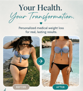 Before and after medical weight loss transformation highlighting personalized, medically supervised care at Pure Image Laser & Spa. Individual results vary.